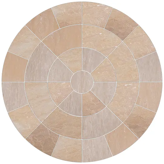 Diagrammatic view from above of Raj Green sandstone circle, showing slab layout in 3 rings around central round paving slab.