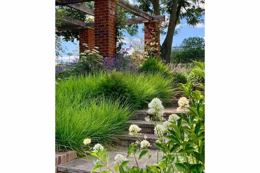 Verdant grassy planting edges Black tumbled Indian sandstone paving, with steps up to pergola with brick pillars.
