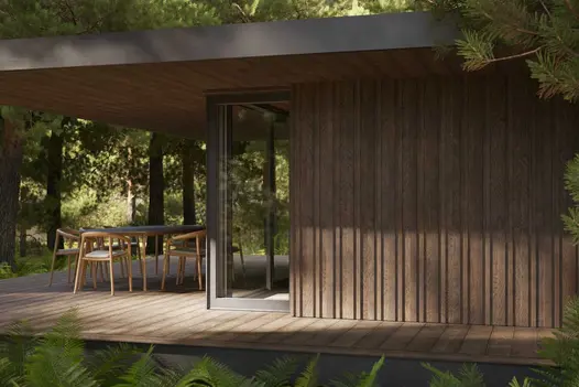 Modern garden building featuring Antique Oak Board & Batten Millboard cladding, surrounded by trees and a shaded decking area.