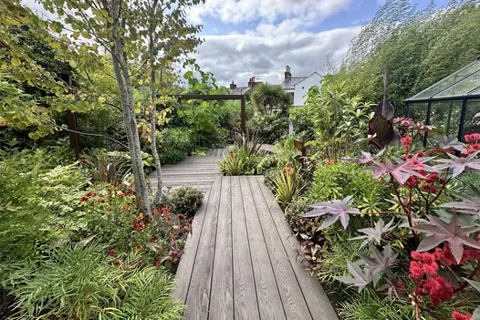 Lush garden pathway using Millboard Antique Oak composite decking, framed by layered planting and colourful flowers.