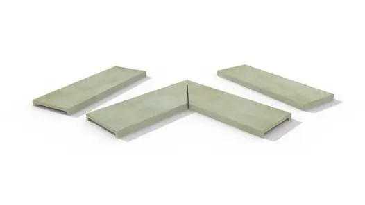Area 40mm downstand porcelain flat coping stones in straight, end and left- and right-mitred corner pieces, with drip lines.