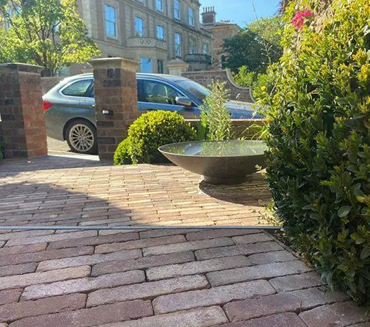 Front garden with wide water bowl and clipped shrubs, paved with Bexhill clay pavers. Georgian terrace in background.