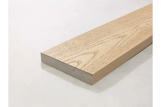 Ashwood Millboard composite decking board at an angle, showing grain pattern and authentic wood effect.