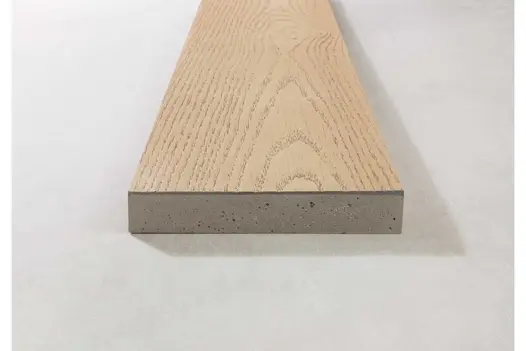 End profile of Ashwood Millboard composite board showing core structure and brushed surface.