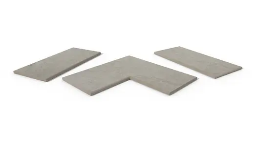Astor Grey 20mm bullnose coping collection, showing one each of straight, end and corner pieces, with 10-year guarantee.