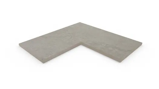 Astor Grey corner coping, made of a single piece of porcelain, with 20mm bullnose edge profile applied in-house.