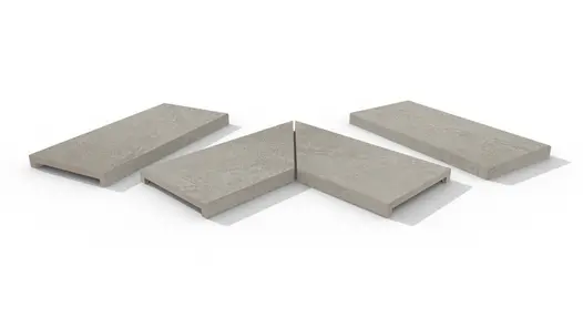 Astor Grey 40mm downstand porcelain coping stones in straight, end and left- and right-mitred corner pieces.