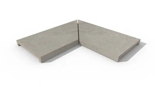 Astor Grey corner coping stones, left and right hand pieces fitted together at mitred edges, with 40mm downstand made in-house.