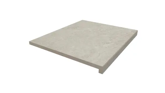 Single Astor Grey porcelain step tread with 40mm downstand, manufactured in-house, measuring 600x500mm, against white background.