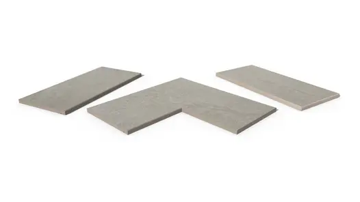 Astor Grey Porcelain 5mm pencil round copings, with drip-line, in straight, end, left and right corner pieces, made in-house.