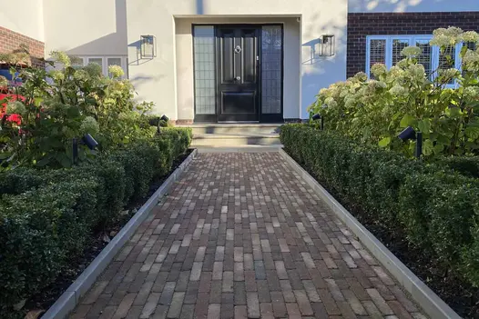 Bexhill clay paving laid lengthwise on wide path leads between low hedges to steps at front door, by Robert Hughes Garden Design.