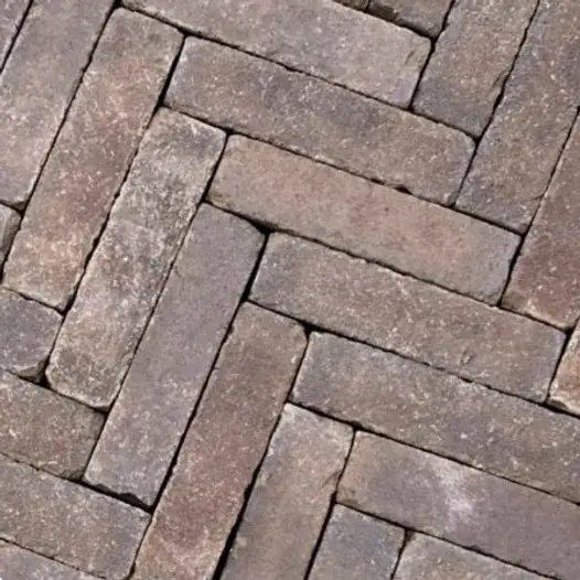 Close view from above of Derby clay pavers laid herringbone without joints, showing colours and texture. Free UK delivery available.