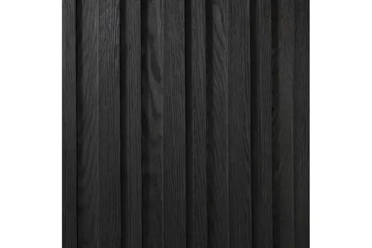 Close-up of Burnt Cedar Millboard Board and Batten cladding, showing rich charcoal tones and deeply textured wood grain finish.