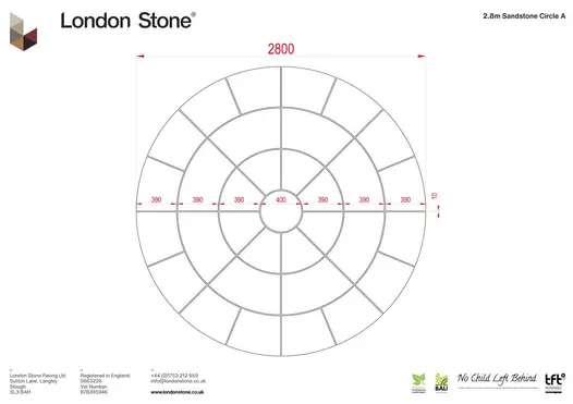 Diagram of Raj Green paving circle, showing slab widths in each of 3 rings that make up diameter. Free UK delivery available.