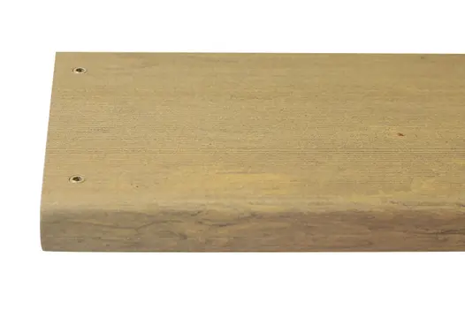 End of plank of Amber DesignBoard, 2 colour-matched decking screws inserted, showing how they blend with the composite material.