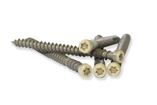 Five Charcoal DesignBoard colour match screws resting upon each other with the coloured torx head of the screw facing forward.