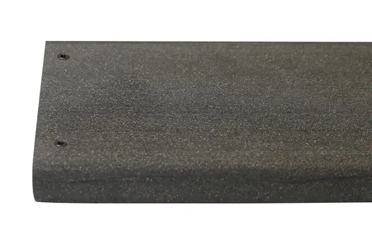 End of Charcoal composite decking plank with 2 Colour Match Screws inserted, demonstrating how they blend with the DesignBoard.
