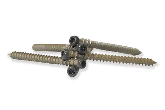 Five Charcoal DesignBoard colour match screws resting upon each other with the coloured torx head of the screw facing forward.