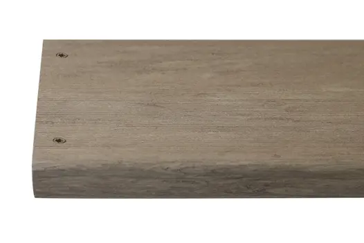 Cinnamon composite decking board with two Cinnamon colour match screw fixed to the far left face of the board.