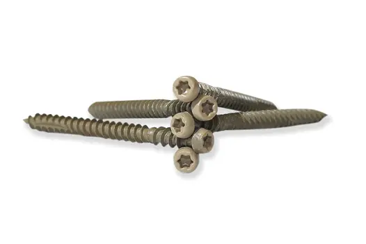 Five Cinnamon DesignBoard colour match screws resting upon each other with the coloured torx head of the screw facing forward.