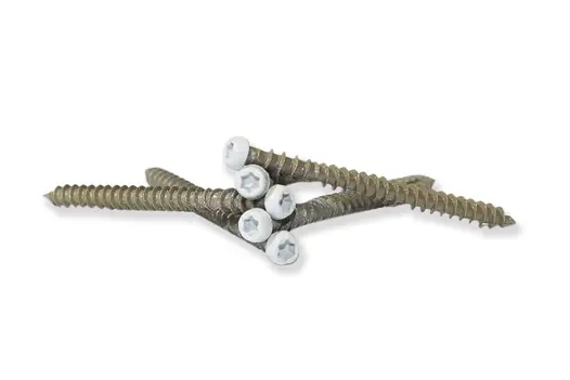 Five Luna DesignBoard colour match screws resting upon each other with the coloured torx head of the screw facing forward. 