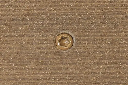 Mocha composite decking board with Mocha colour match screw fixed to the middle of the board.