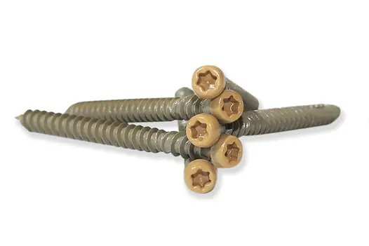 Five Mocha DesignBoard colour match screws resting upon each other with the coloured torx head of the screw facing forward.