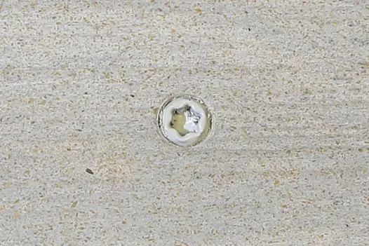 Silver composite decking board with Silver & Polar colour match screw fixed to the middle of the board.