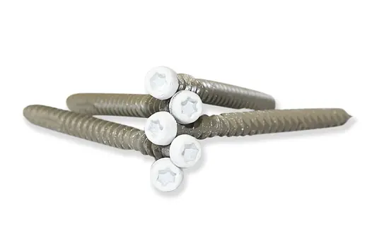 Five Silver & Polar DesignBoard colour match screws resting upon each other with the coloured torx head of the screw facing forward.