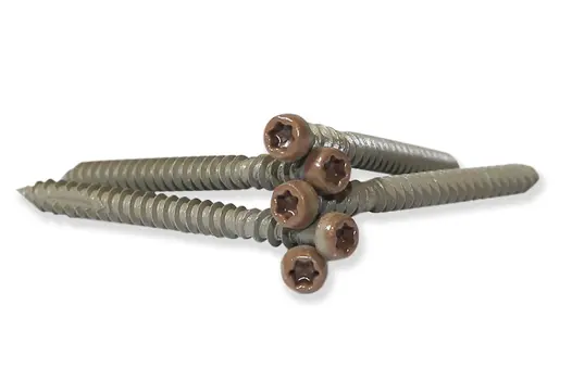 Traditional composite decking board with Traditional colour match screw fixed to the middle of the board.