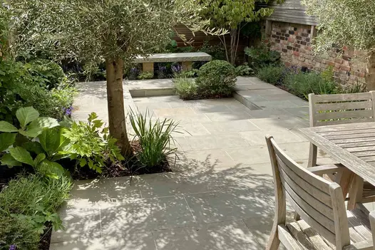 Walled urban garden with planted borders and olive tree, completely paved with Heath sawn  grey sandstone paving. 