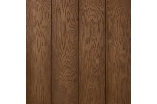 Close-up of square of Coppered Oak Millboard Shadow Line cladding, showing mid-brown tones and detailed woodgrain texture