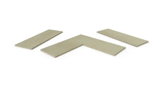 Corda Porcelain 5mm pencil round copings, in straight, end, left and right corner pieces, made in-house, for exterior walls.