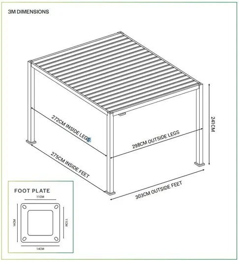 Diagram showing measurements of 3x3m Proteus White aluminium pergola and footplate