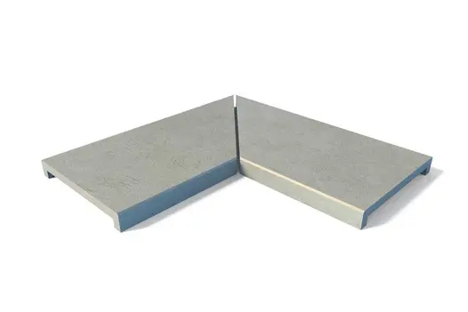Corner coping with 40mm downstand edge and architectural feel. Creates strong lines in contemporary garden walls.
