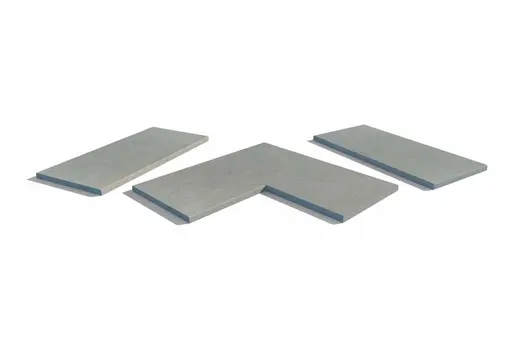 Set of Grey Yorkstone porcelain chamfered copings in multiple formats. A crisp finish to unify steps, walls and cladding.