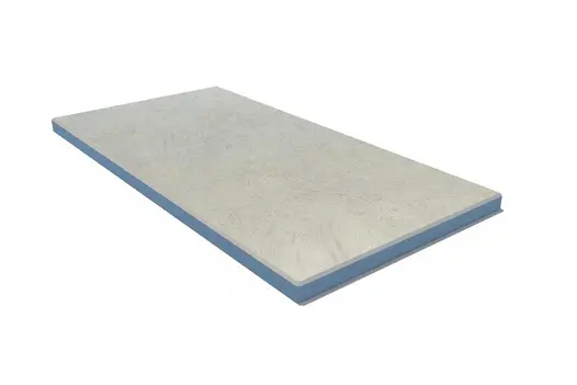 End coping in Grey Yorkstone porcelain with angled edge detail. A minimalist option that works across design aesthetics.
