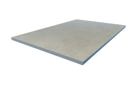 Chamfered step in Grey Yorkstone Porcelain with light texture and angled edge. Contemporary and easy to maintain.