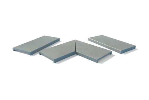 Grey Yorkstone downstand copings shown in straight, end, and corner formats. Adds visual weight to wall profiles.