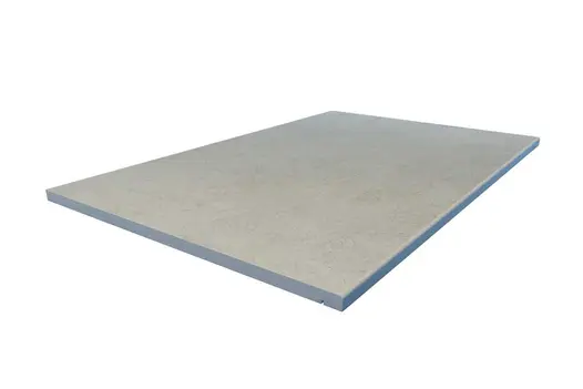 Pencil round Grey Yorkstone porcelain step with gently curved edge and subtle colour variation. A soft finish for modern spaces.