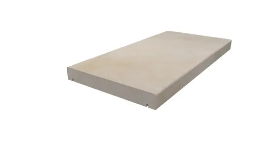 Harvest smooth sandstone pencil round straight coping with drip line under each long side.