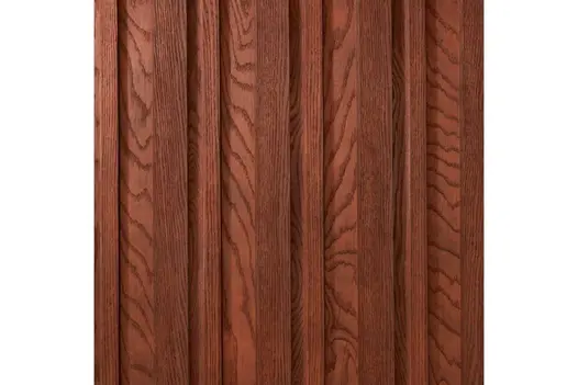 Close-up of Jarrah Board & Batten cladding, featuring rich reddish-brown tones and realistic timber grain texture.
