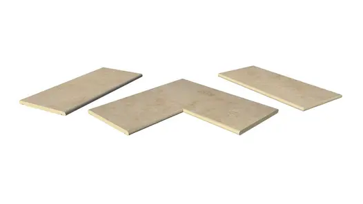 Jura Beige 20mm bullnose coping collection, showing one each of straight, end and corner pieces, with 10-year guarantee.