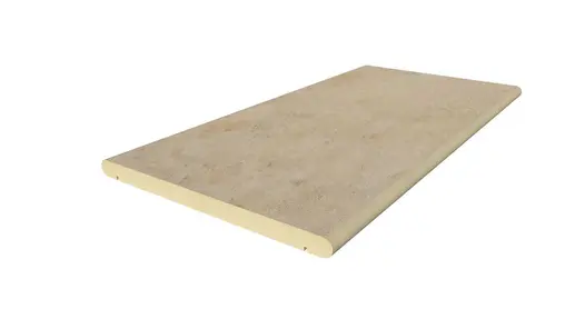 Jura Beige porcelain coping stone, with 20mm bullnosed edge profile and drip line applied in-house, with 10-year guarantee.