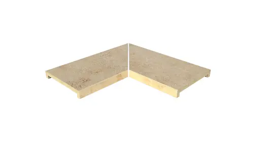 Jura Beige corner coping stones, left and right hand pieces fitted together at mitred edges, with 40mm downstand made in-house.