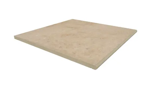 Jura Beige porcelain step tread, with 20mm bullnosed edge profile and drip line applied in-house, with 10-year guarantee.