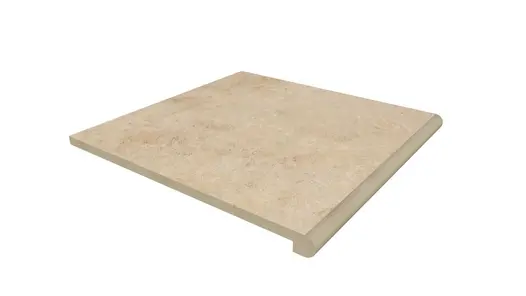 Single 600x600mm Jura Beige porcelain limestone step tread with bullnose edge profile and drip groove. Free UK delivery available.