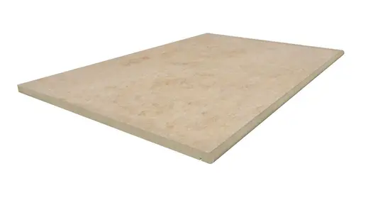 Jura Beige 900x600mm porcelain step, with 20mm bullnosed edge profile and drip line applied in-house, with 10-year guarantee.