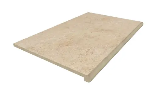Single 900x600mm Jura Beige porcelain limestone step tread with bullnose edge profile and drip groove. Free UK delivery available.
