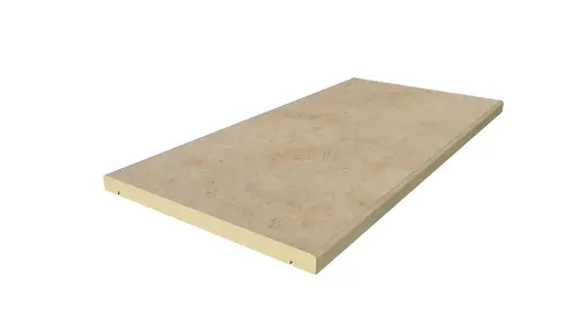 Single Jura Beige porcelain straight coping stone, with drip-line and 5mm pencil round edge profile applied to the long sides.